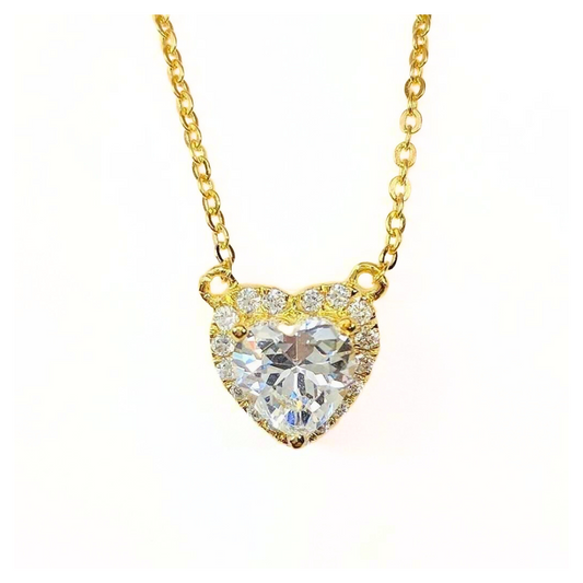18K Gold plated Over Sterling 1CT Heart Halo IOBI Simulated Diamond Solitaire Pendant Necklace