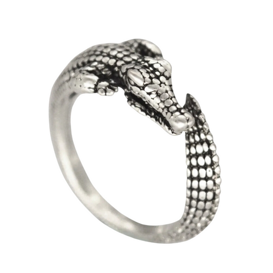 Adorable Silver Gator Growl Adjustable Textured Ring