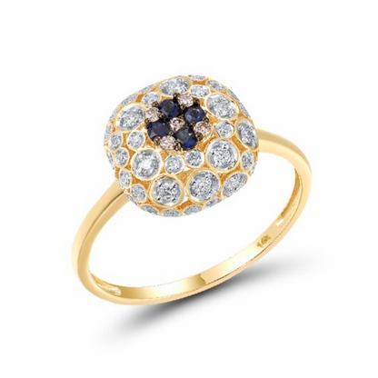 Pillow Cushon Design 14K Solid Yellow Gold with 14 Natural Diamonds and Blue Sapphire Ring Band for Women