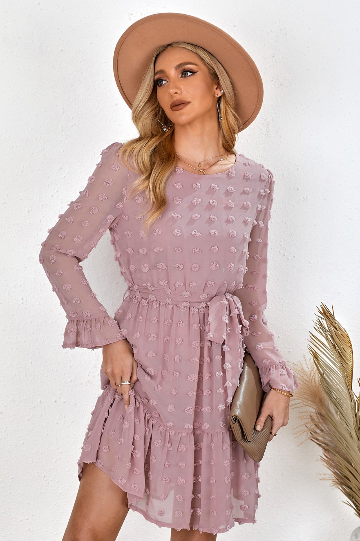 Pink Crew Neck Fuzzy Polka Dot Ruffled Mini Dress With Belt