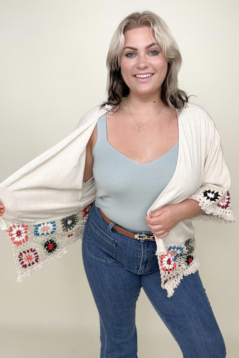 Umgee Linen Blend Patch Crochet Kimono