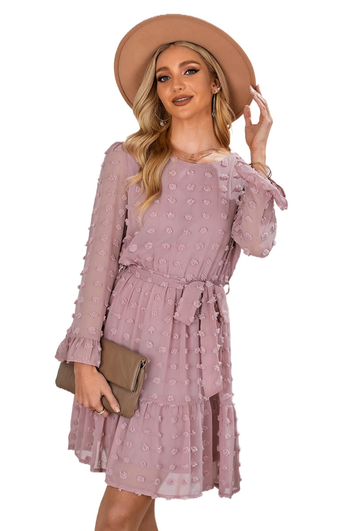 Pink Crew Neck Fuzzy Polka Dot Ruffled Mini Dress With Belt