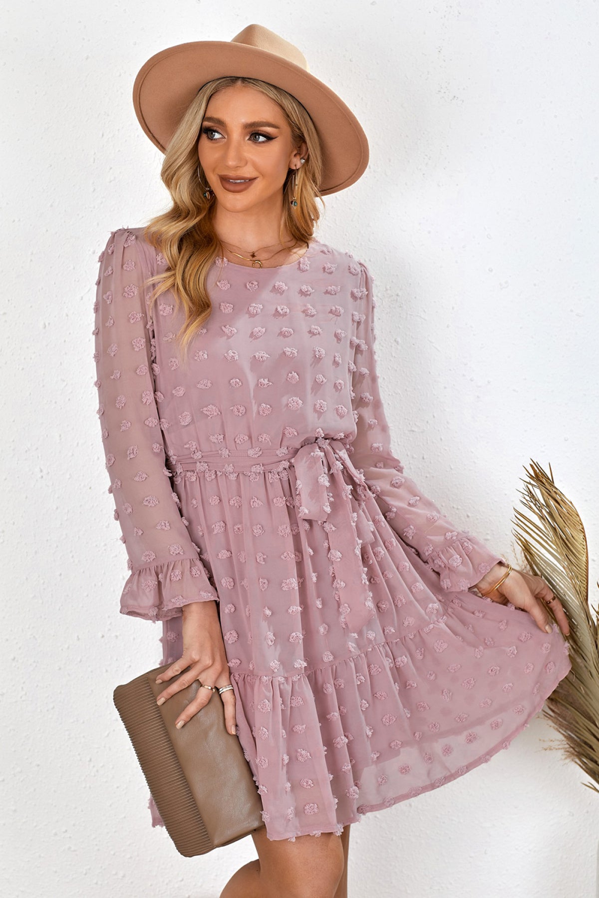 Pink Crew Neck Fuzzy Polka Dot Ruffled Mini Dress With Belt