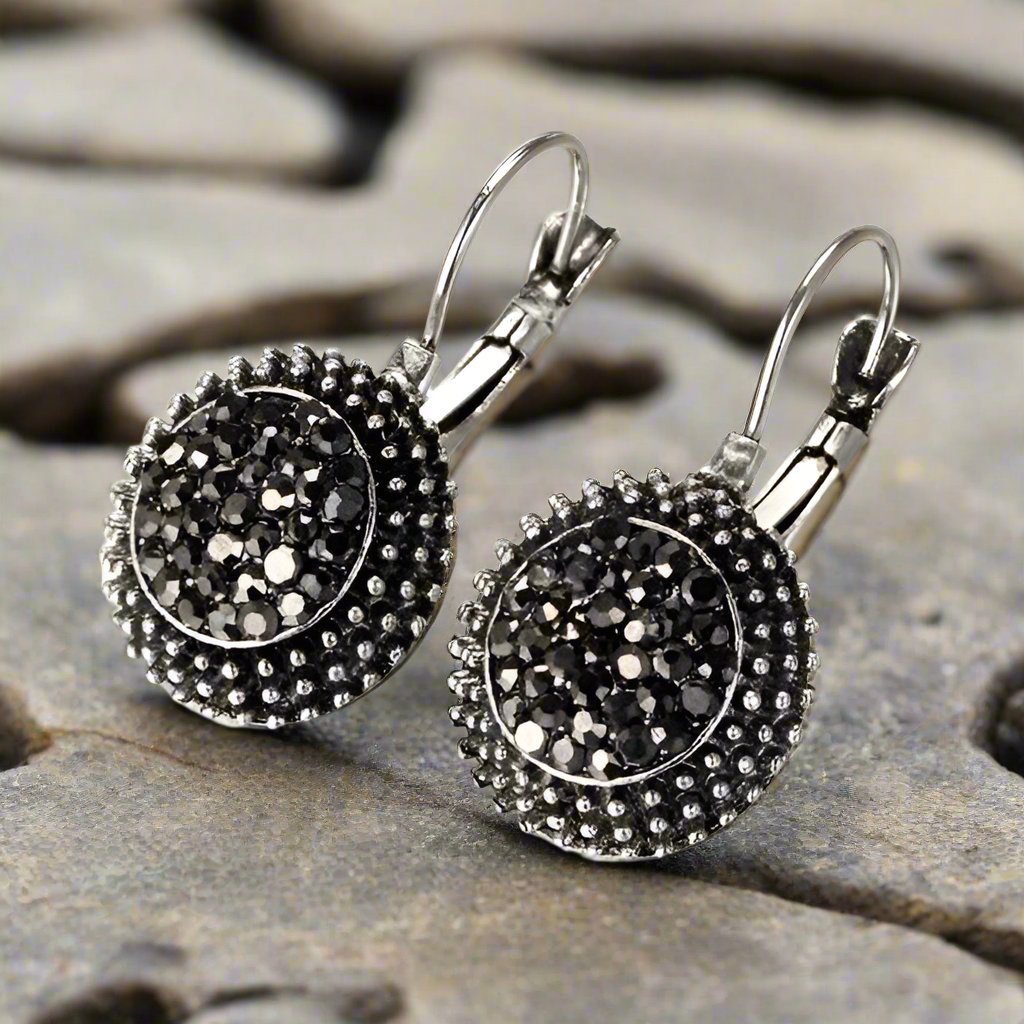 Black Crushed Sparkling Crystals Marcasite Vintage Style Lever Back Earrings for Women