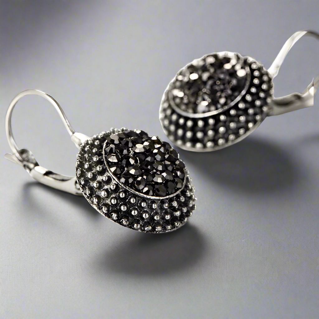 Black Crushed Sparkling Crystals Marcasite Vintage Style Lever Back Earrings for Women