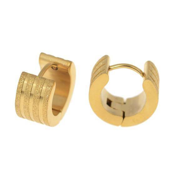 Brushed Stripes Gold Huggie Hoop Stainless Steel Earrings - For Men or Women