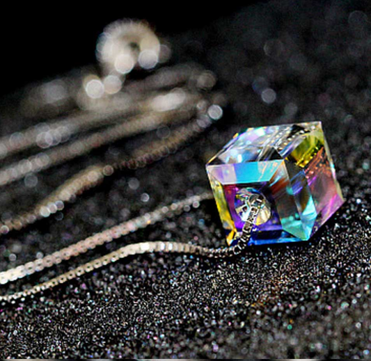 Color Magic Austrian Crystal Cube Necklace 14K White Gold plated Box Chain for Women Special Occasion Hoilday Birthday Everyday Wear
