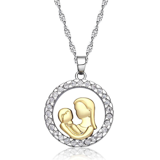 14K Gold Plated Circle of Love Mother & Child CZ Necklace for Woman