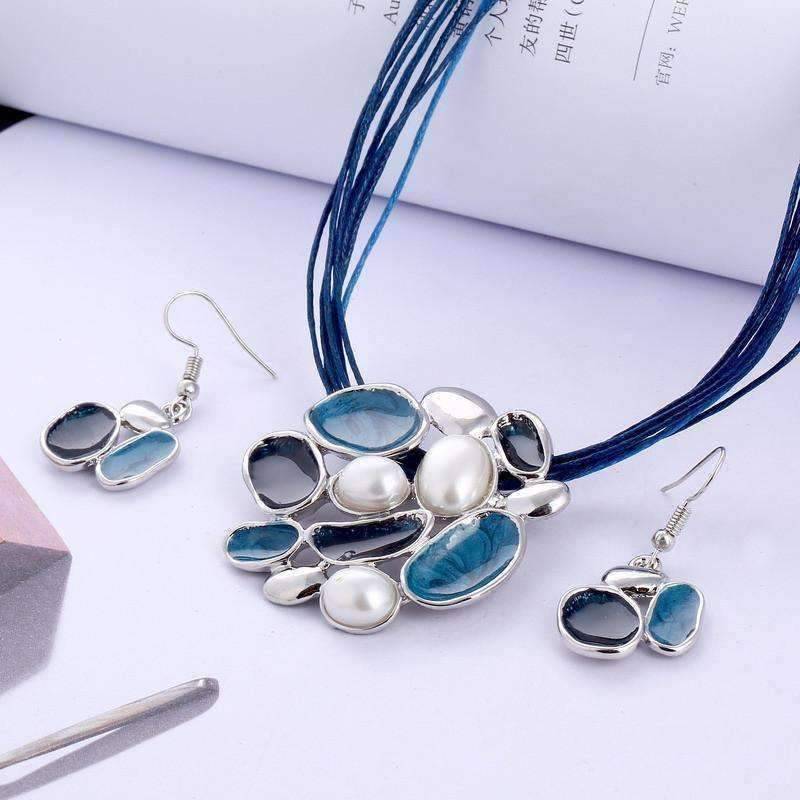 Glossy Enamel Cluster Necklace and Earrings Set - In Three Colors