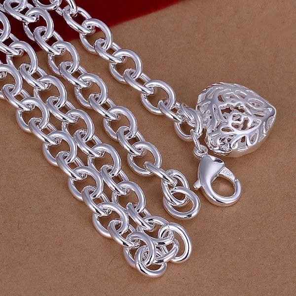 Fancy Scroll Puffed Heart Charm Silver Necklace for Women Heavy Lobster Claw Clasp