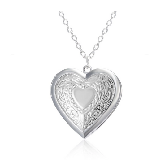 Floral Design Stamped Silver Heart Locket Necklace for Woman