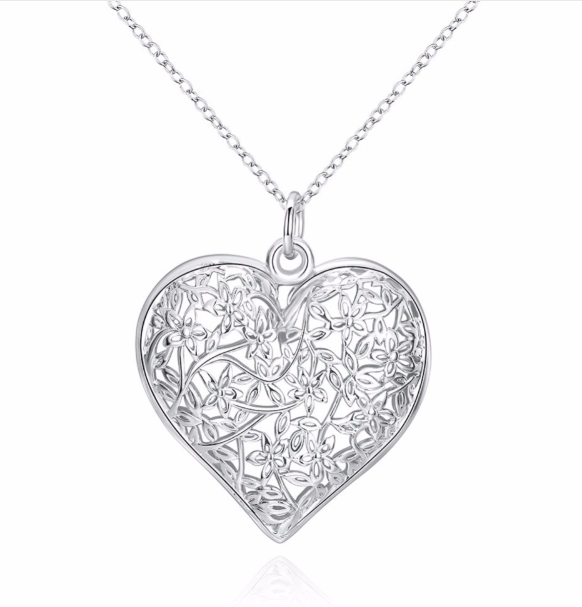 Flowering Scroll Design Puffed Heart Silver Necklace for Woman