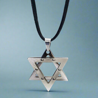 Men's Double Star of David Necklace – Studded 316L Stainless Steel with Suede Leather Cord