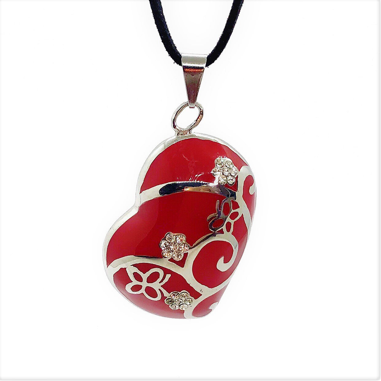 Red Enamel CZ Flowered Stainless Steel Heart Necklace