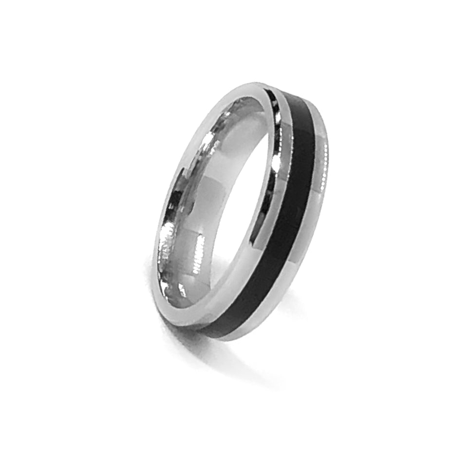 Rounded Black Stripe Stainless Steel Ring