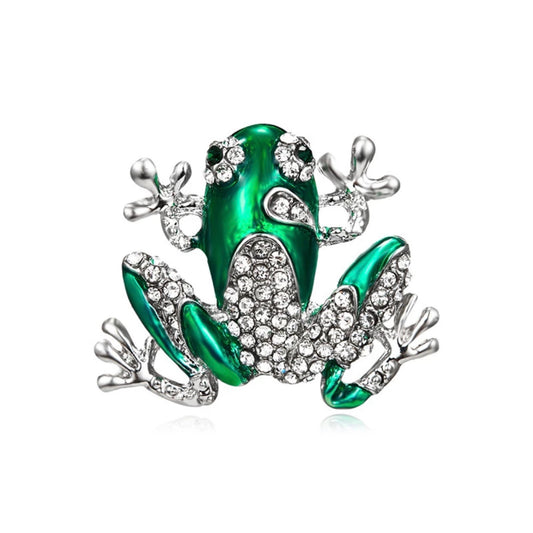 Shiny Green Enamel And Crystal Frog Brooch Pin for Women