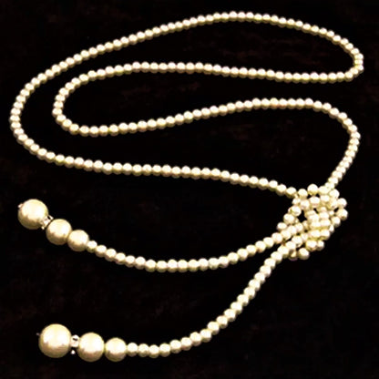 Long Knotted Pearl Bead Two Tassel Necklace