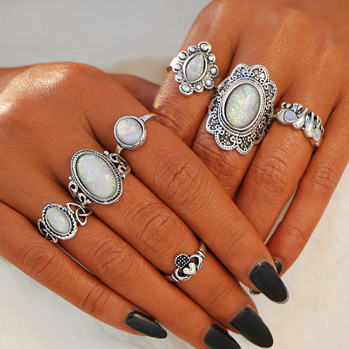 Indie Iridescent Opal Collection Boho Midi-Knuckle Rings Set of 7