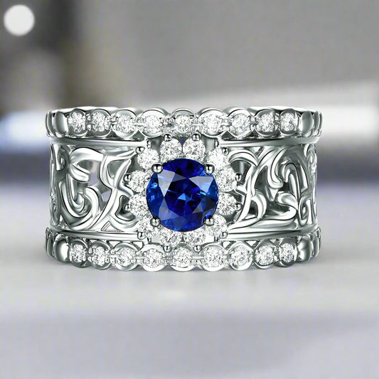 Léonie En Bleu .80CT Filigree Band OB Simulated Diamond Ring for Women Bridal Engagement Wedding Anniversary Gift