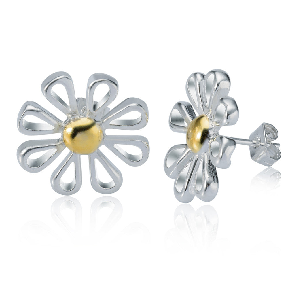 Flower-Power Daisy Two-Tone Silver Necklace and Earrings Set for Women