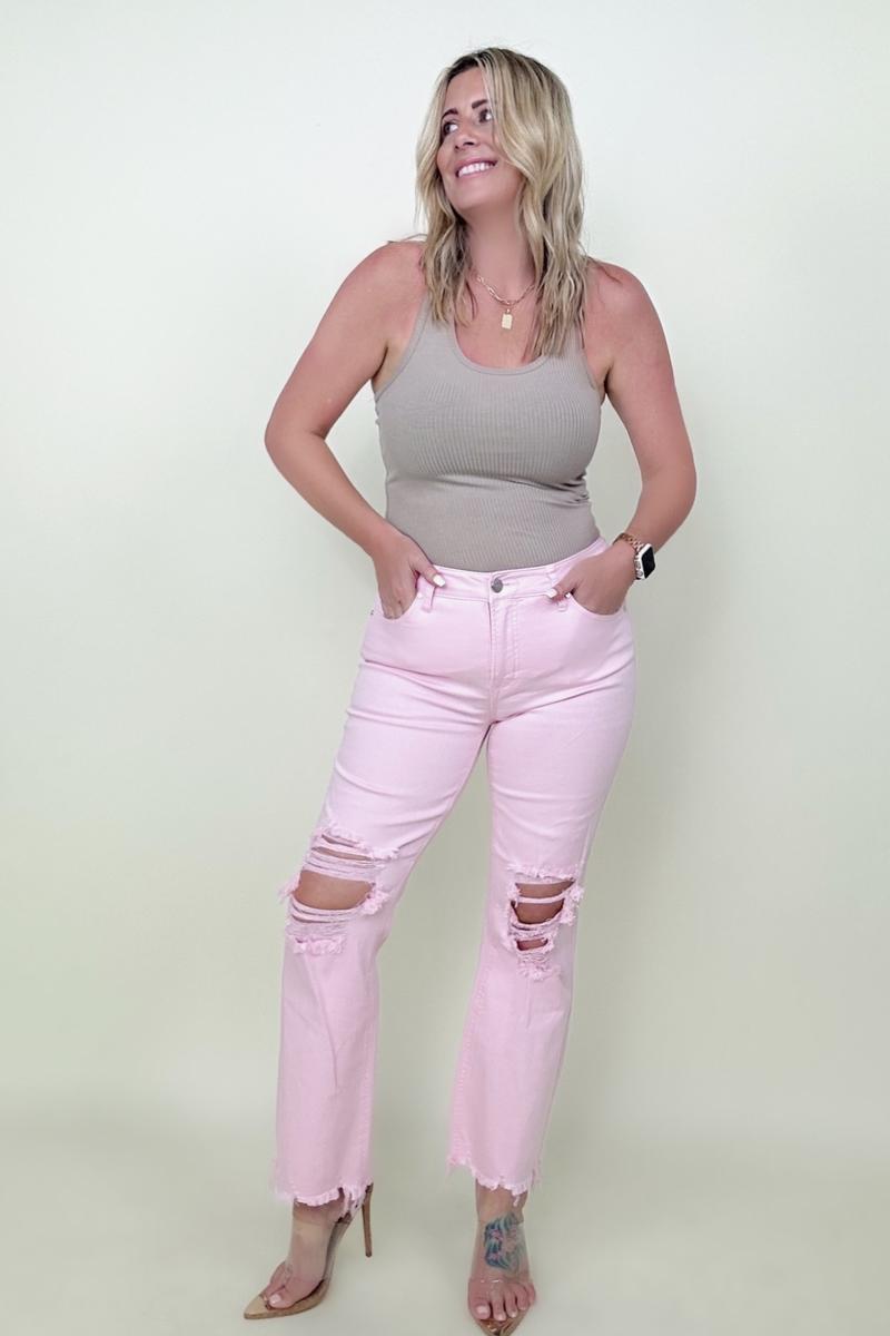 Risen Pink High Rise Distressed Kick-Flare Jeans