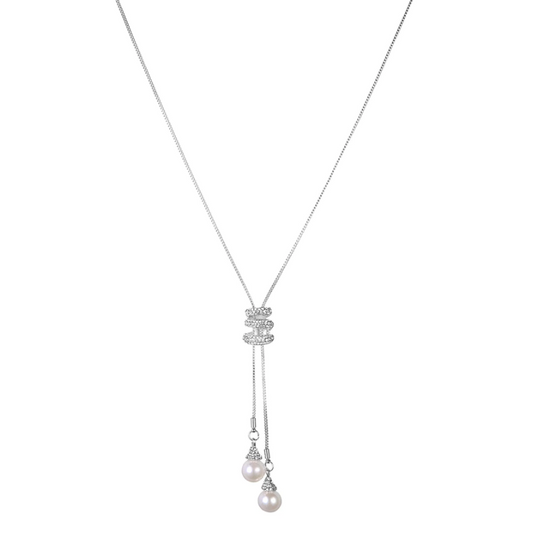 Long Pearl Bead & Crystal Lariat Necklace