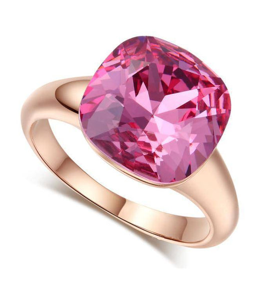 Perfectly Pink 11mm Cushion Cut Austrian Crystal Cocktail 18K Gold Plated Ring for Women