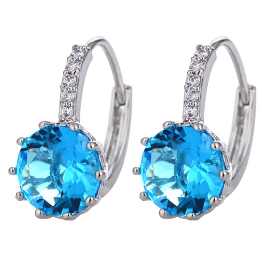 14K Gold Plated Perfect Aqua 3.5CTW CZ Solitaire Hoop Earrings For Woman