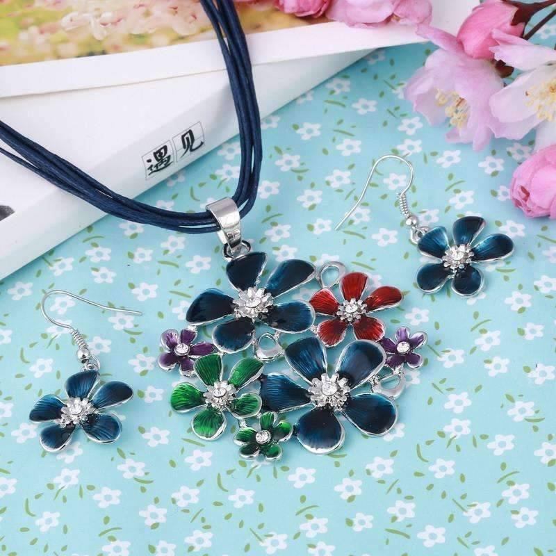 Spring Bouquet Enamel Flower Necklace and Earrings - In Three Colors