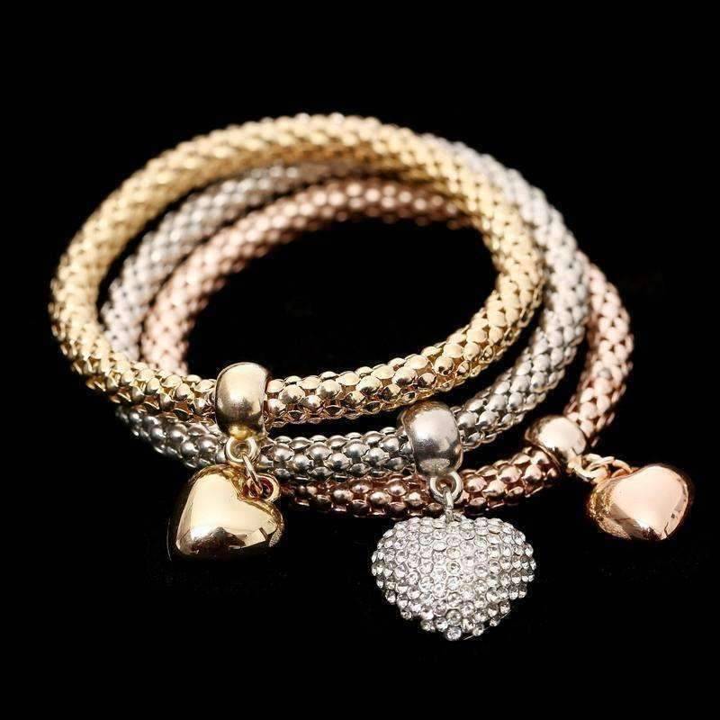 Tri-Color Austrian Crystal Heart Stretch Bracelet Set