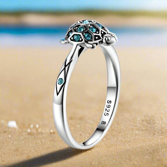 Aquatic Delight Crystal Sea Turtle Sterling Silver Ring