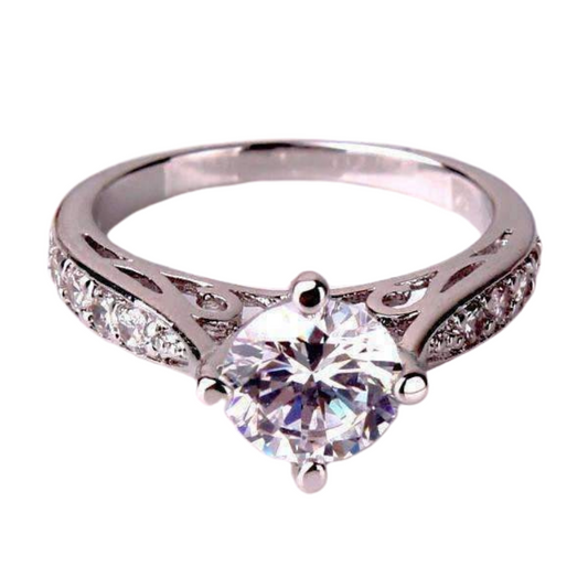 Vintage Filigree Channel Set 14K White Gold Plating Round CZ Solitaire Engagement Ring For Woman