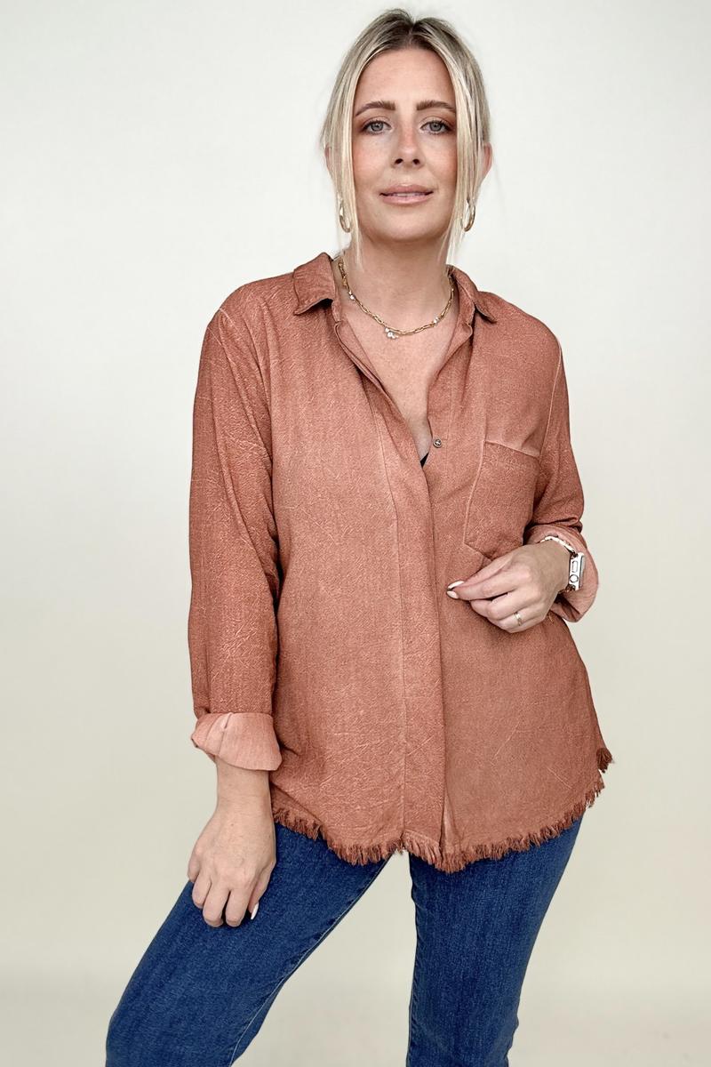 Umgee Button Down Boyfriend Shirt With Frayed Hem