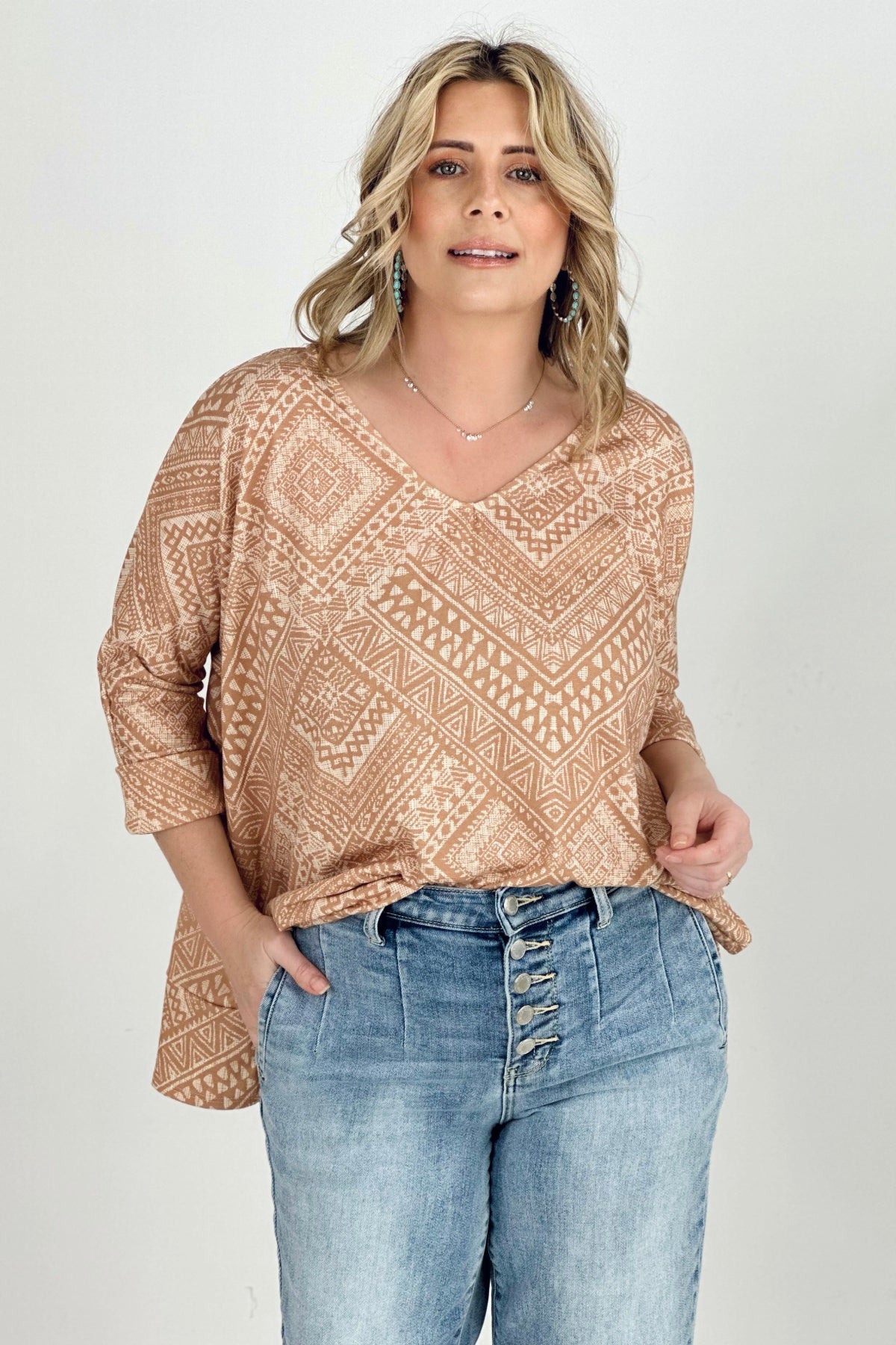 BiBi Aztec Print French Terry V Neck Top