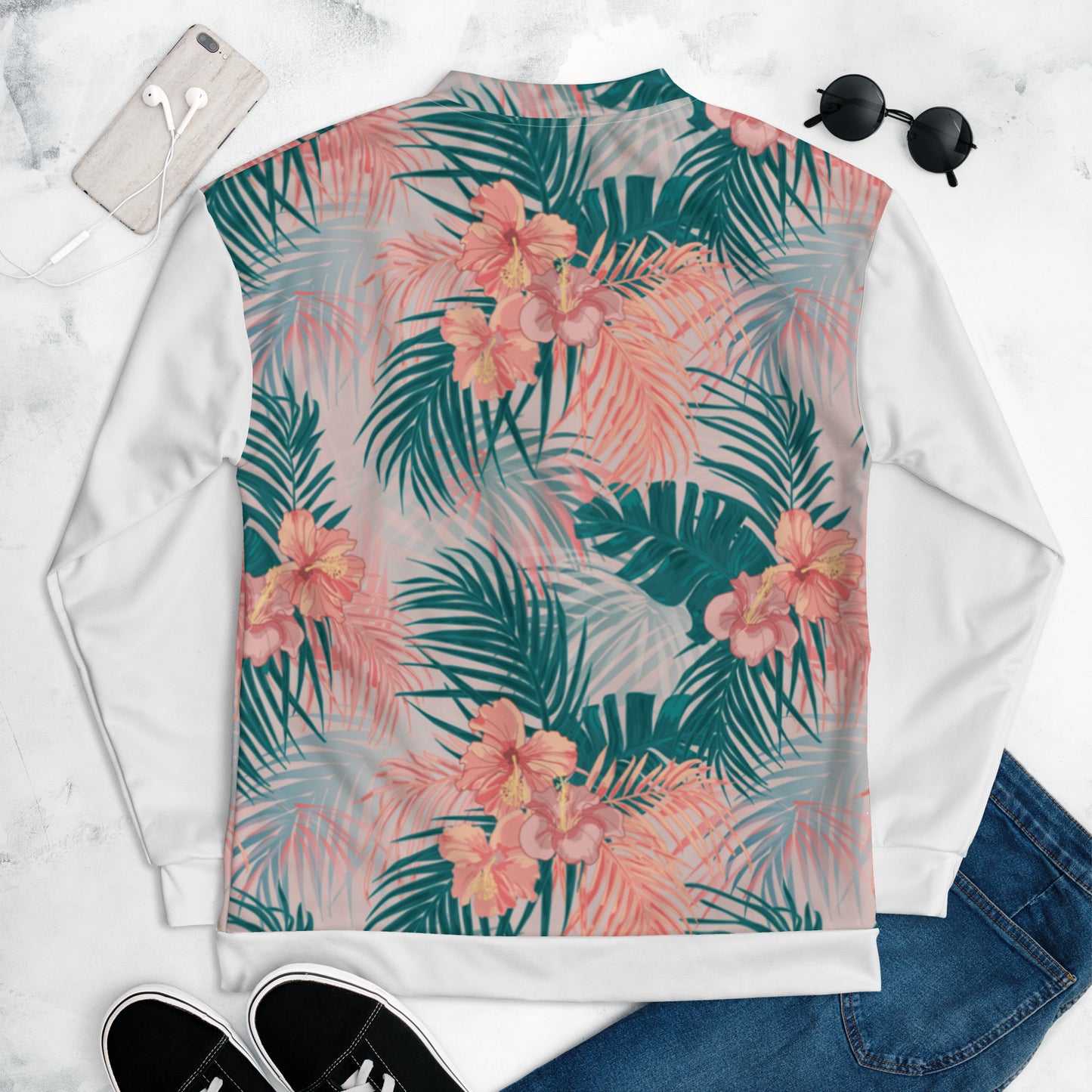 Women Bomber Jacket With Pockets Zipper Premium Quality Tropical Hibiscus Palm Leaves Design by IOBI Original Apparel