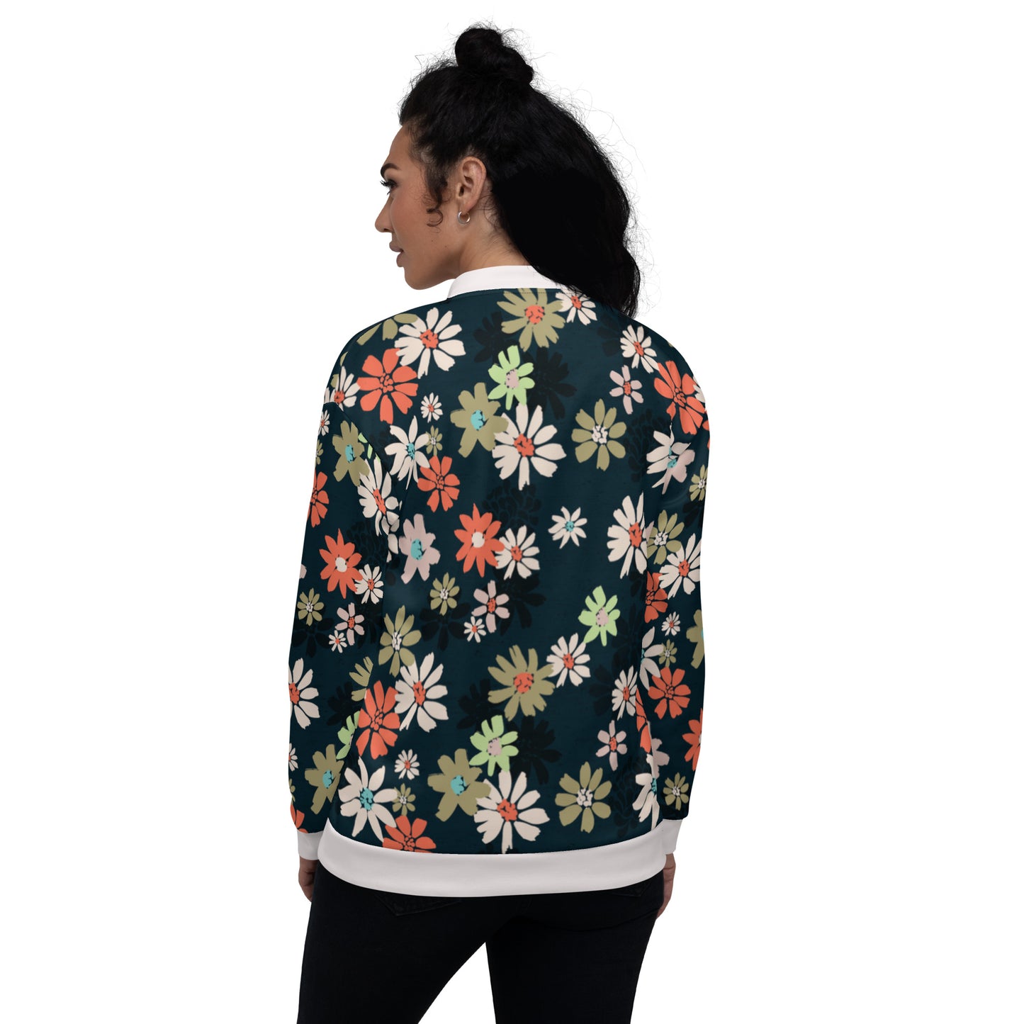 Women Bomber Jacket With Pockets Zipper Daisy Flowers Full Jacket Design by IOBI Original Apparel