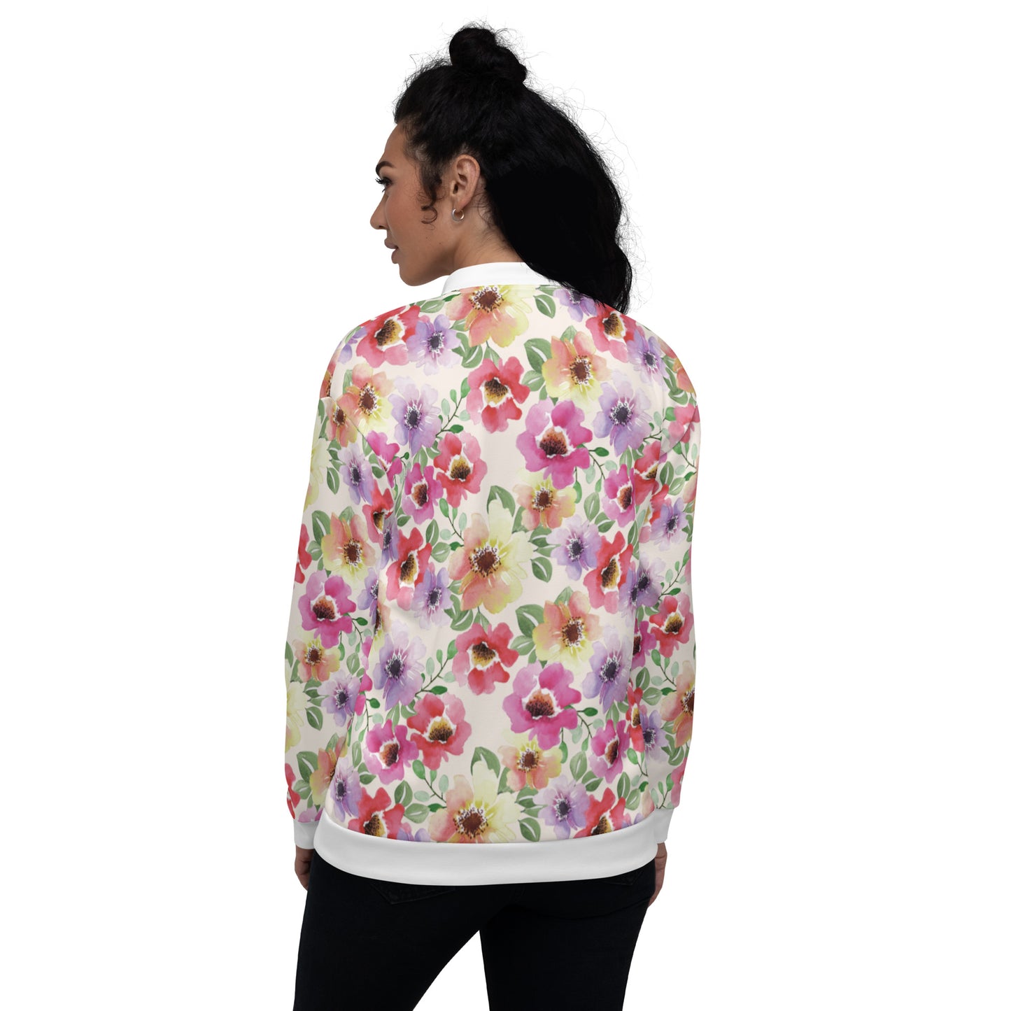 Women Bomber Jacket With Pockets Zipper Poppy Bloom Flowers Design by IOBI Original Apparel