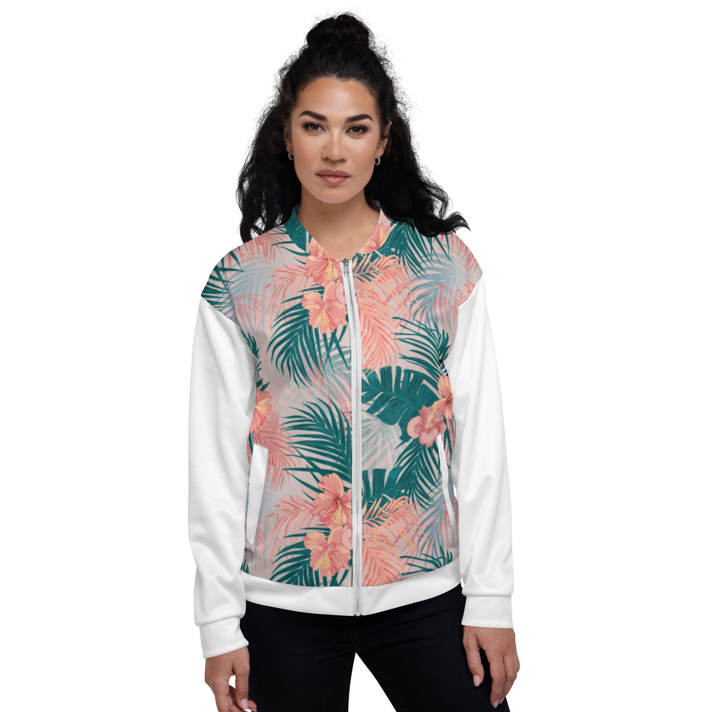 Women Bomber Jacket With Pockets Zipper Premium Quality Tropical Hibiscus Palm Leaves Design by IOBI Original Apparel