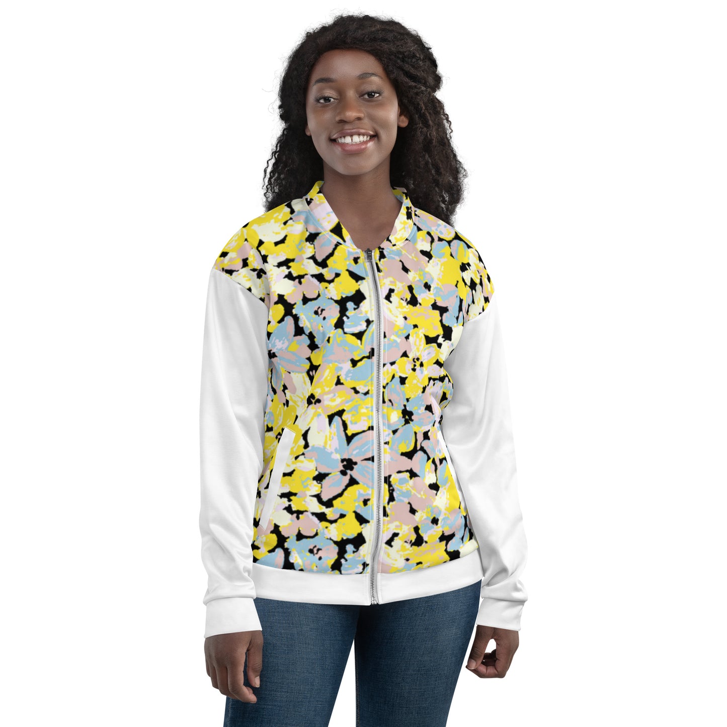 Women's Bomber Jacket With Pockets Zipper Premium Quality Yellow Blue Pink Bloom Design by IOBI Original Apparel