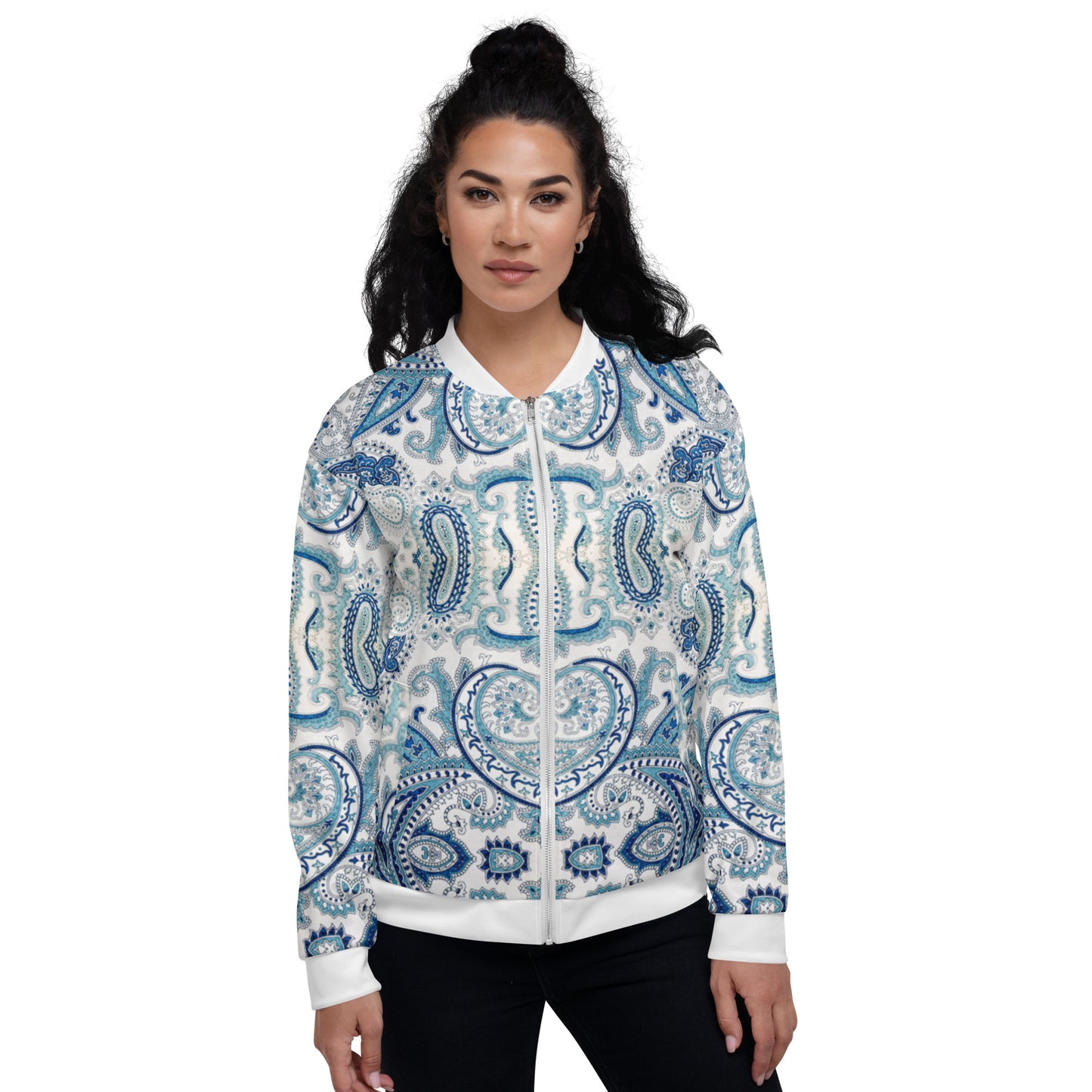 Women Bomber Jacket With Pockets Zipper Cool White Blue Paisley Design by IOBI Original Apparel