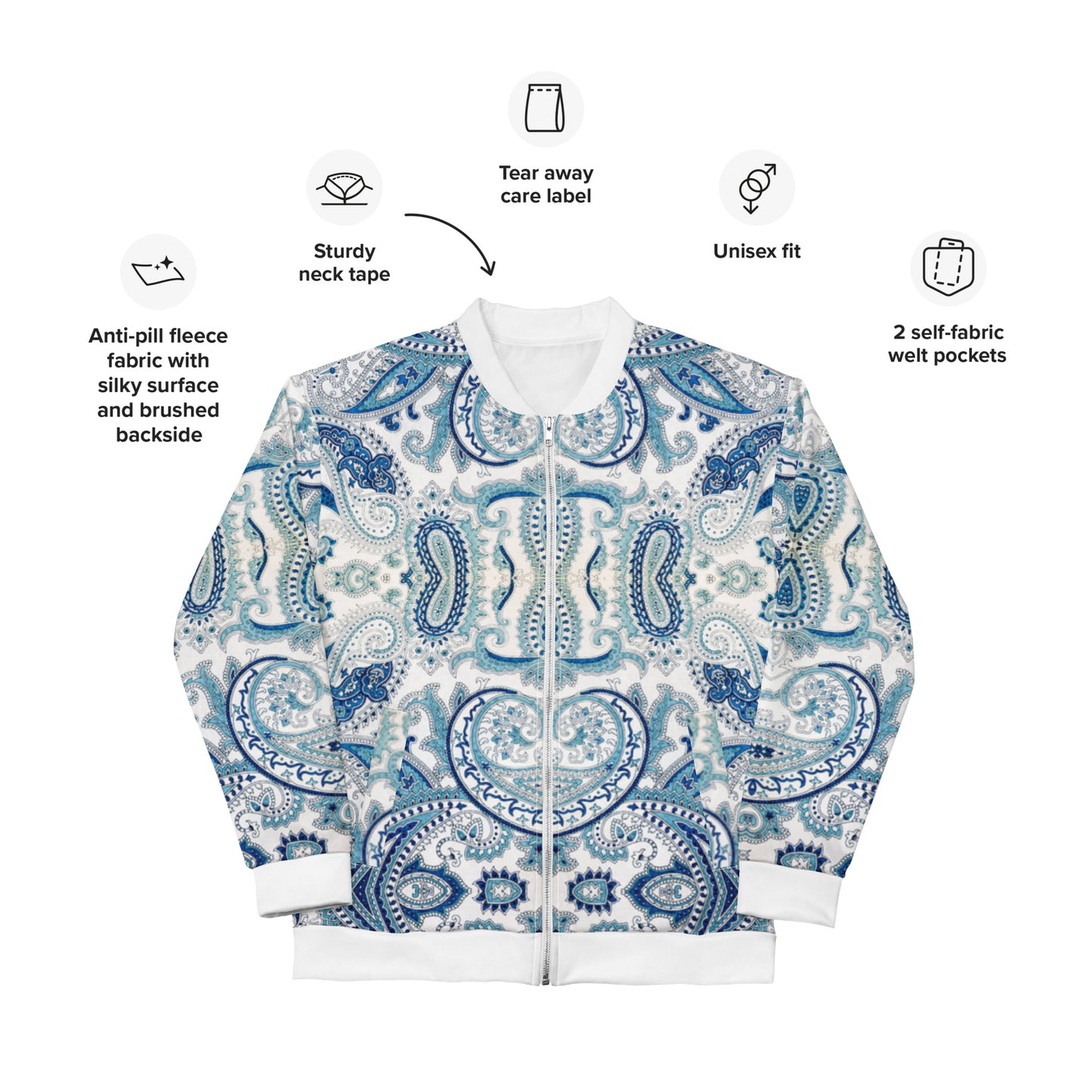 Women Bomber Jacket With Pockets Zipper Cool White Blue Paisley Design by IOBI Original Apparel