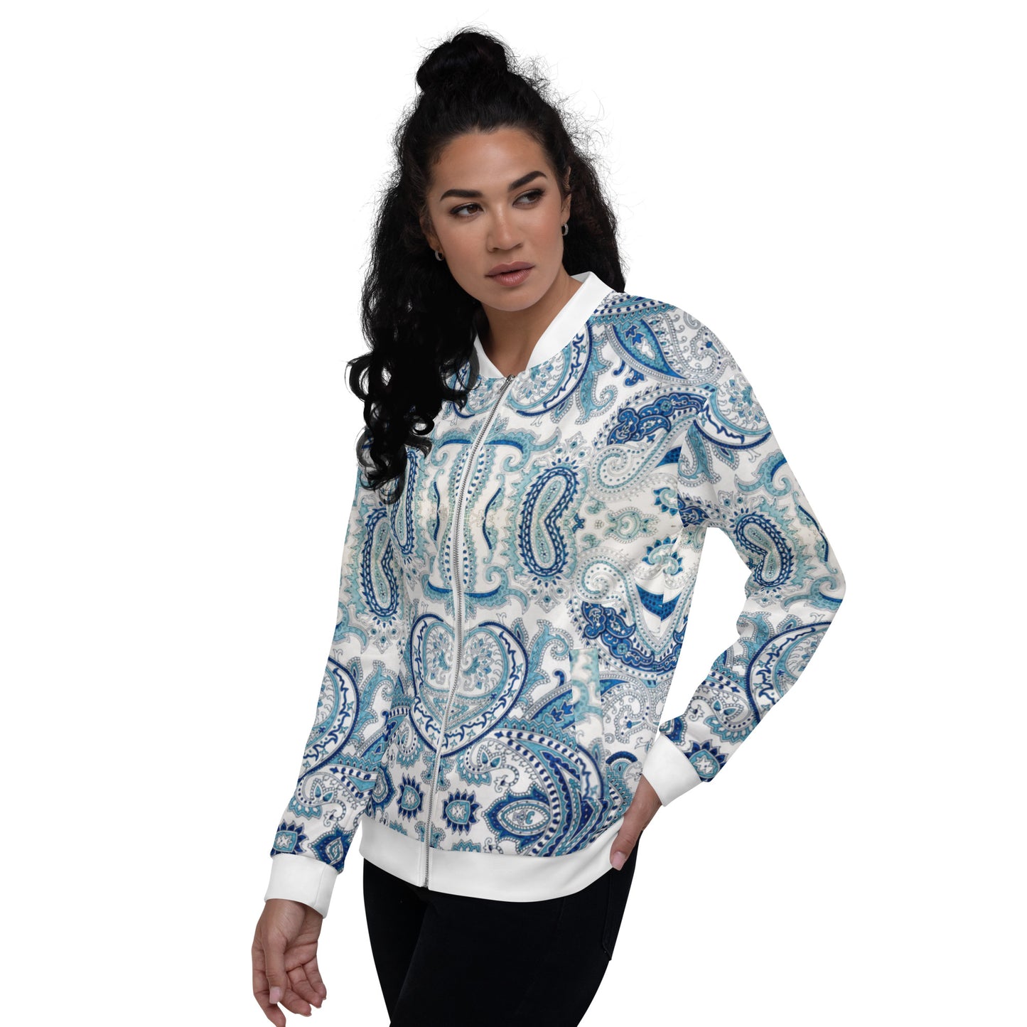 Women Bomber Jacket With Pockets Zipper Cool White Blue Paisley Design by IOBI Original Apparel