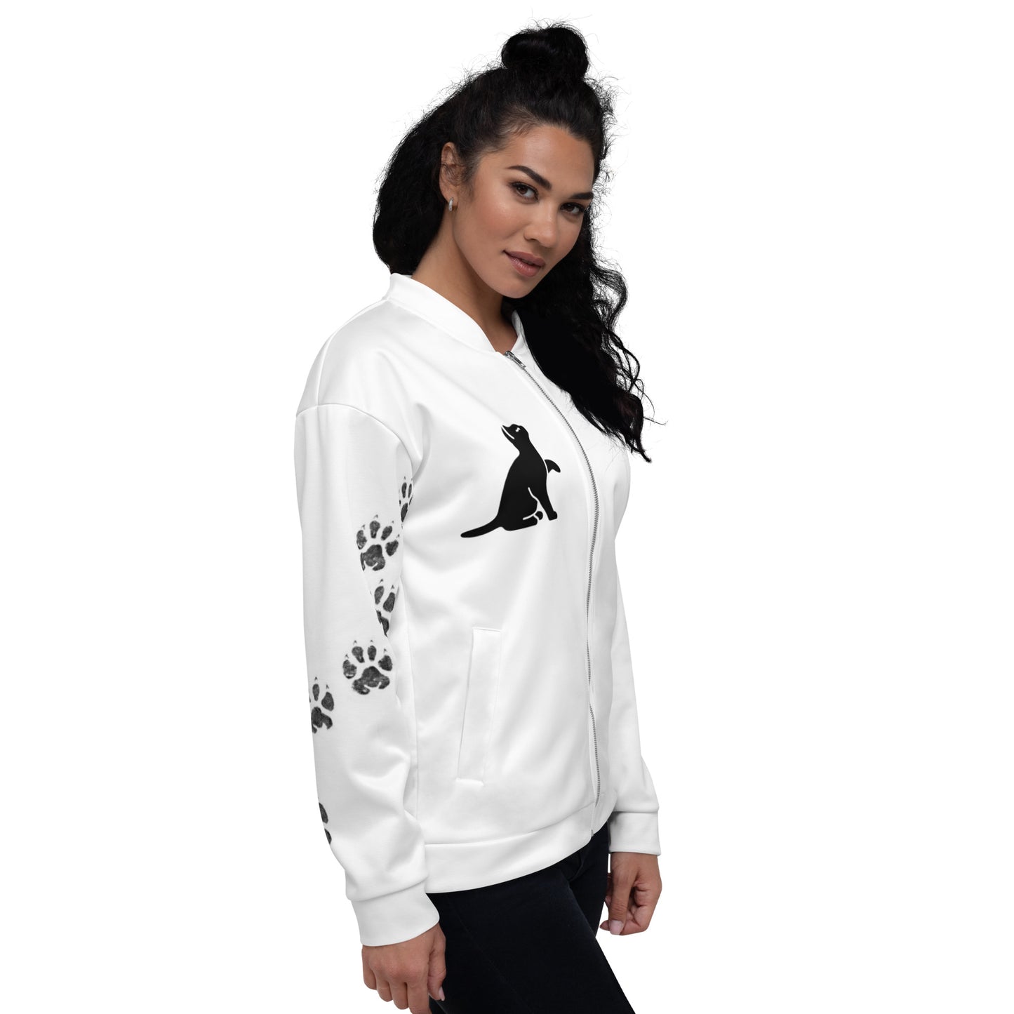 Women Bomber Jacket With Pockets Zipper Premium Quality Cat Silhouette Meow Design by IOBI Original Apparel