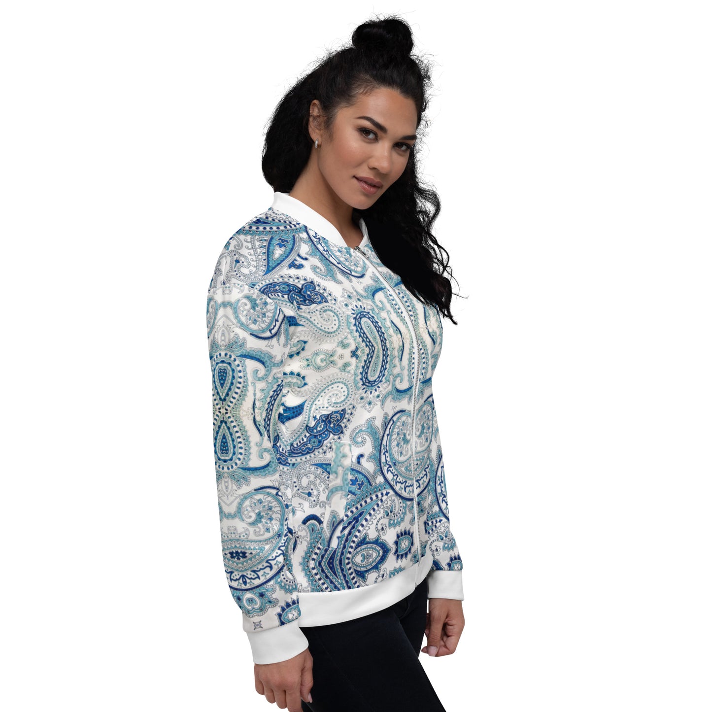 Women Bomber Jacket With Pockets Zipper Cool White Blue Paisley Design by IOBI Original Apparel