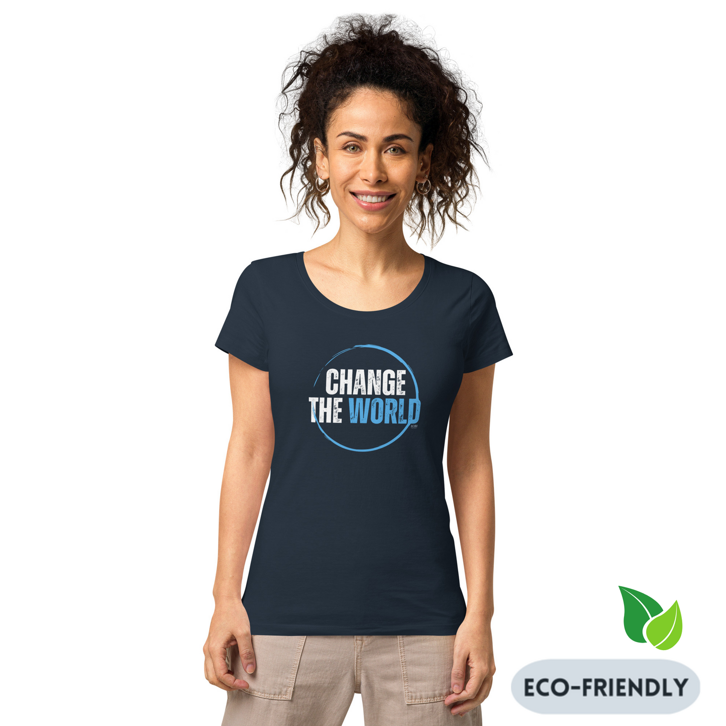 Women’s Basic Organic Eco-Friendly T-Shirt Soft Scoop Neck Change The World Design by IOBI Original Apparel