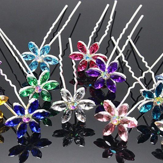 Fun Flowers Crystal and Rhinestone Silver Plated Hair Pins