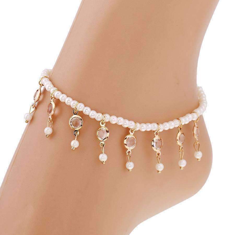 Feshionn IOBI Anklets Pearl and Crystal Drop Ankle Bracelet Accented In Silver or Gold