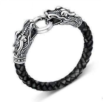 Feshionn IOBI bracelets Dueling Dragons Titanium Leather Rope Bracelet for Men