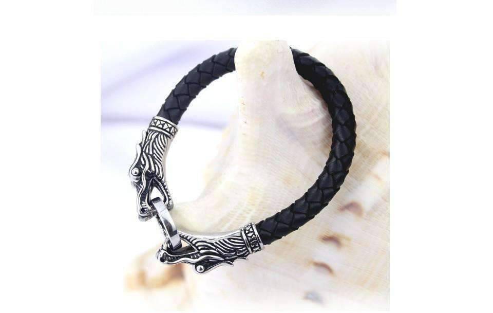 Feshionn IOBI bracelets Dueling Dragons Titanium Leather Rope Bracelet for Men