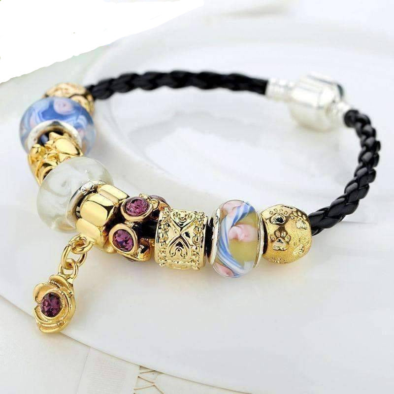 Feshionn IOBI bracelets Gold and Glass Black Leather Braid Bracelet